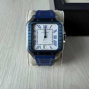 CARTIER SANTOS PRATA AZUL BRANCO 40MM X 47MM